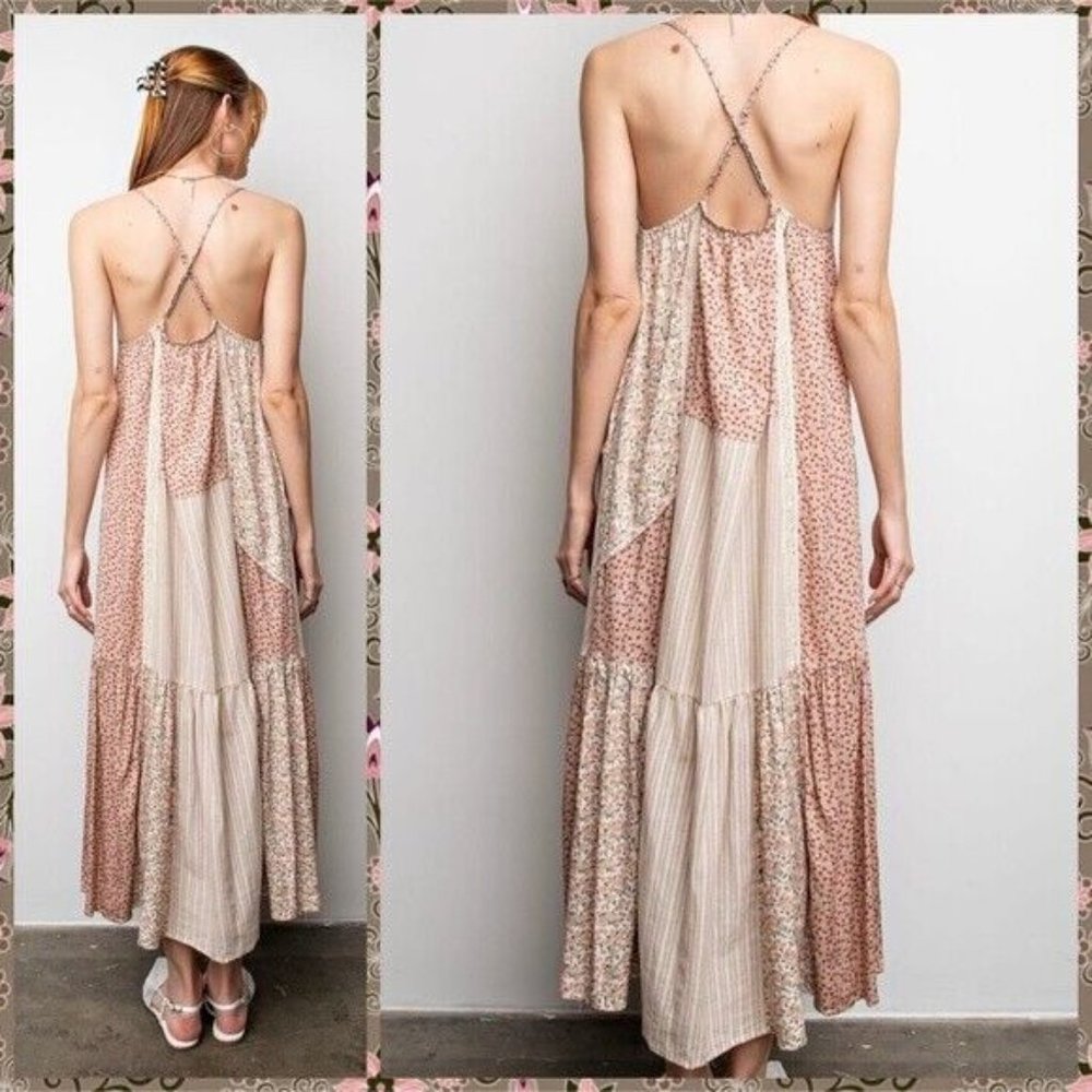 EASEL Mixed Print Adjustable Cross Straps Maxi Dress Lace Edges Relaxed & Flowy - Picture 5 of 15